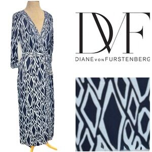 DVF Diane Von Furstenberg Julian Silk Wrap Maxi Dress Navy White Ikat Size 14
